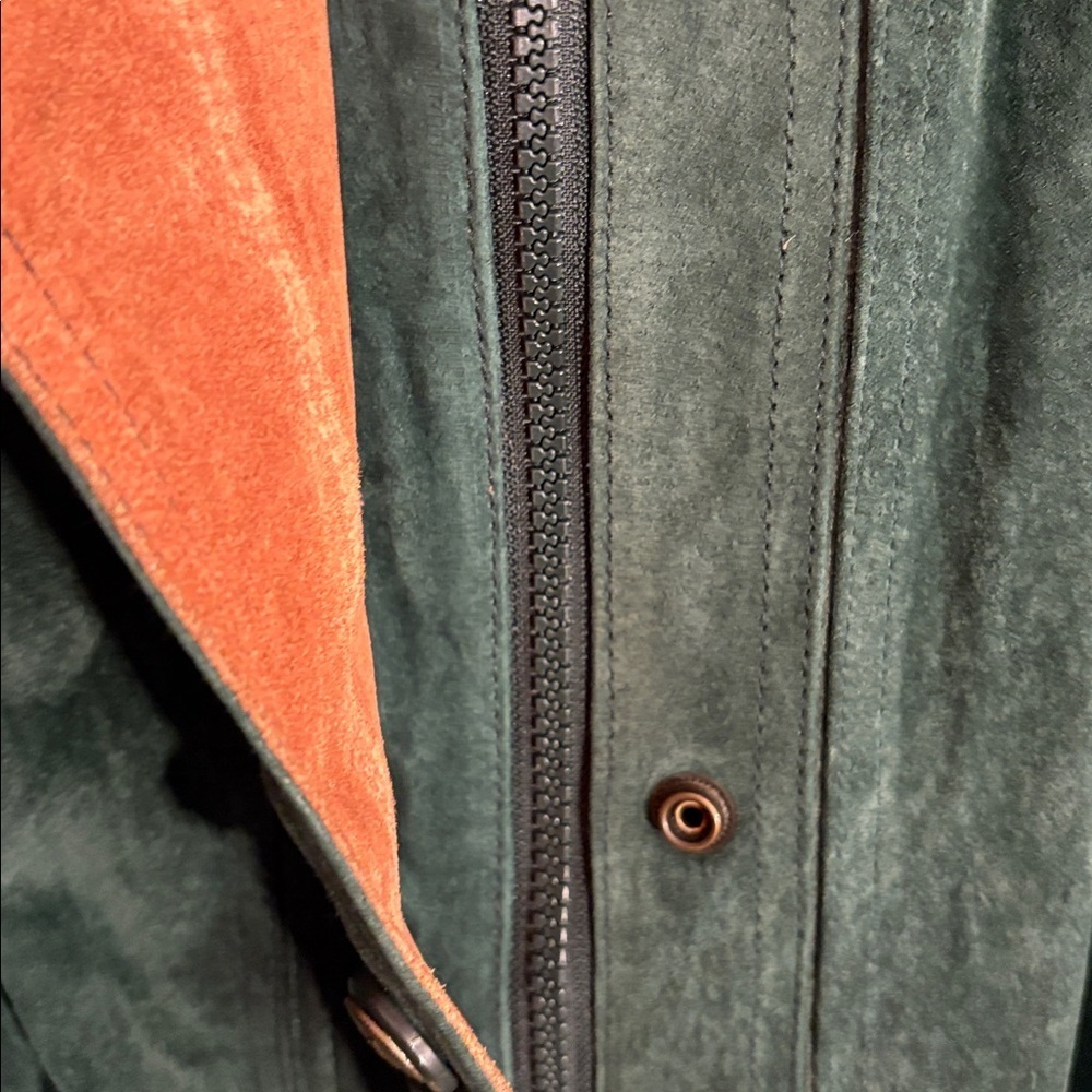 Vintage 1990s Dark Green Suede Jacket with Tan Accents Winter Fashion Coat 2X - Picture 13 of 17